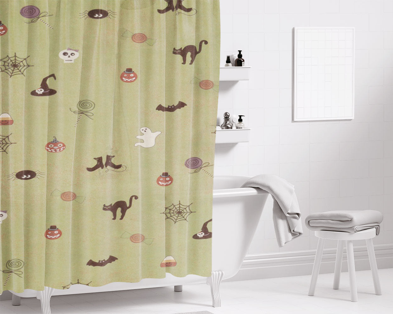 Cute Halloween Pattern Wallpaper Bathroom Shower Curtain Fabric Waterproof | 66 X 72 Inch
