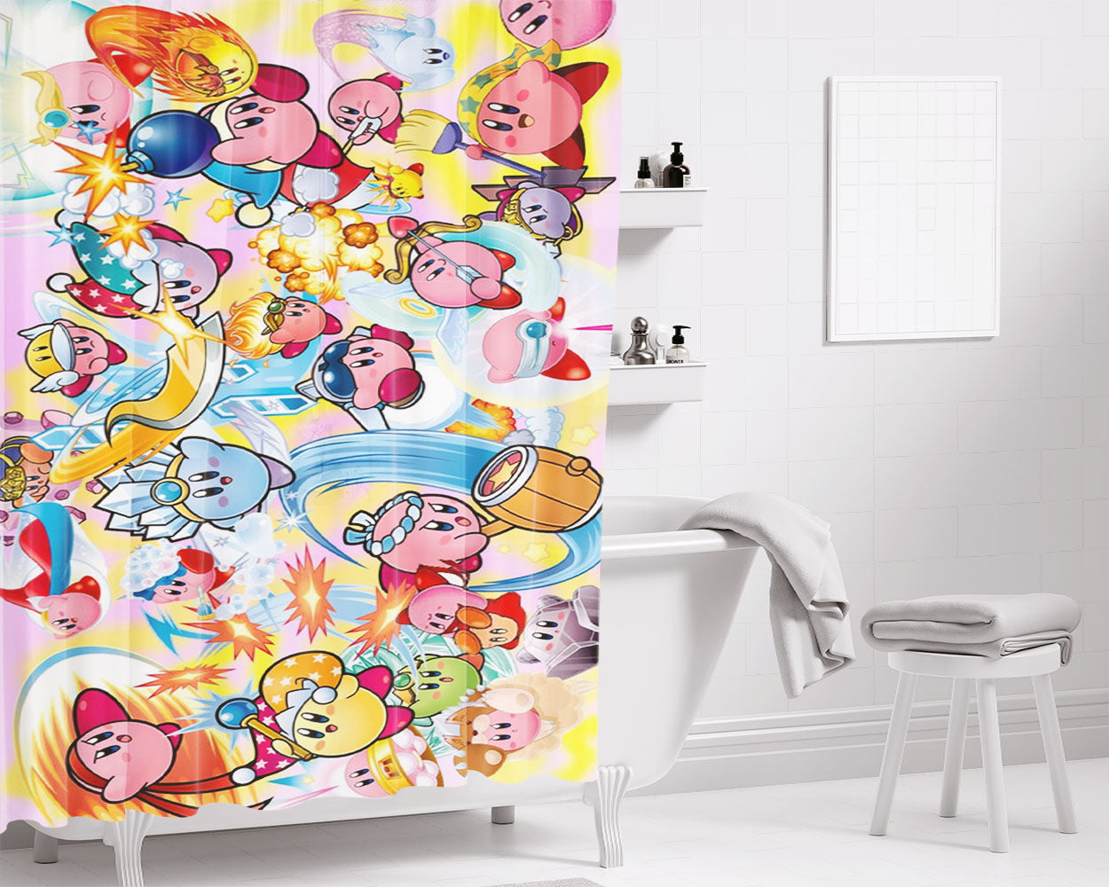 Cute Kirby Power Collection Bathroom Shower Curtain Fabric Waterproof | 66 X 72 Inch