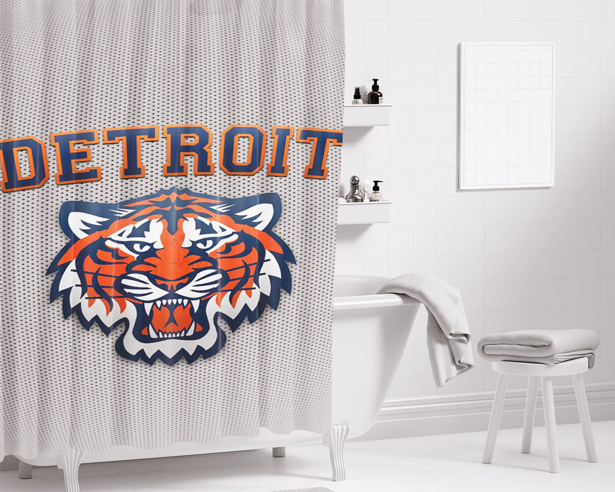 Detroid Tigers On Blue Bathroom Shower Curtain Fabric Waterproof | 66 X 72 Inch