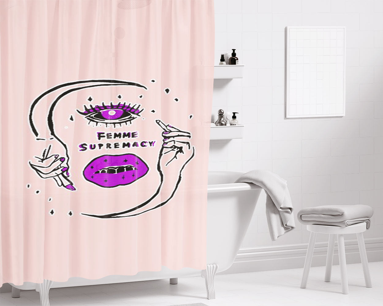 Femme Supremacy Cute Qtipoc Queer Femme Fleek Gender Lgbt Bathroom Shower Curtain Fabric Waterproof | 66 X 72 Inch