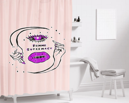 Femme Supremacy Cute Qtipoc Queer Femme Fleek Gender Lgbt Bathroom Shower Curtain Fabric Waterproof | 66 X 72 Inch