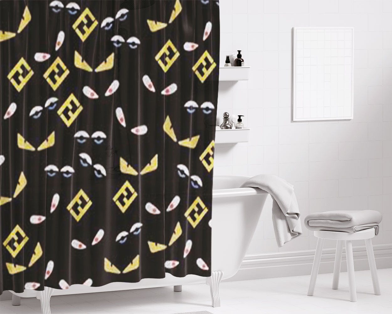 Fendi White Bathroom Shower Curtain Fabric Waterproof | 66 X 72 Inch