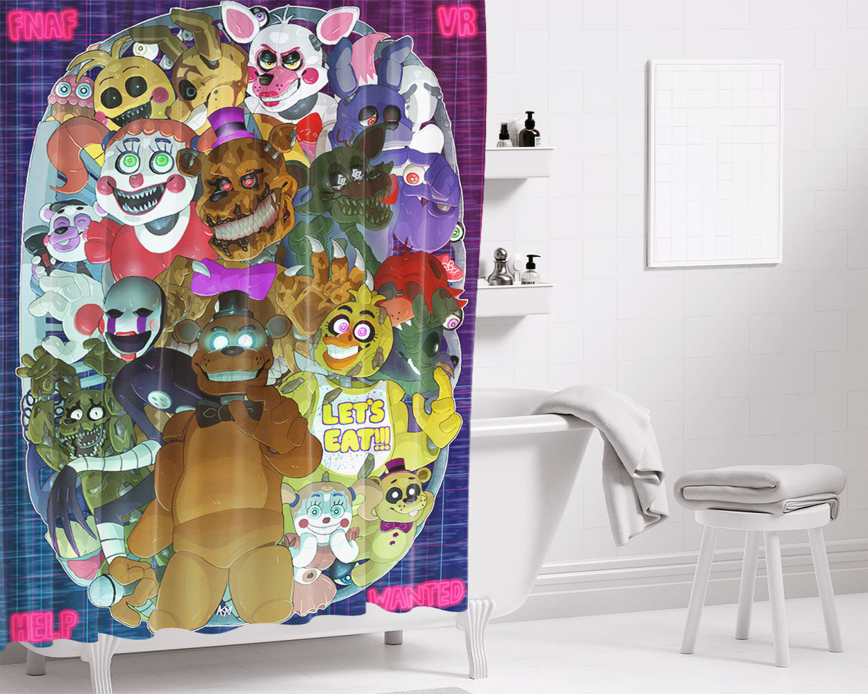 Five Night At Freddy All Characters Collage Bathroom Shower Curtain Fabric Waterproof | 66 X 72 Inch