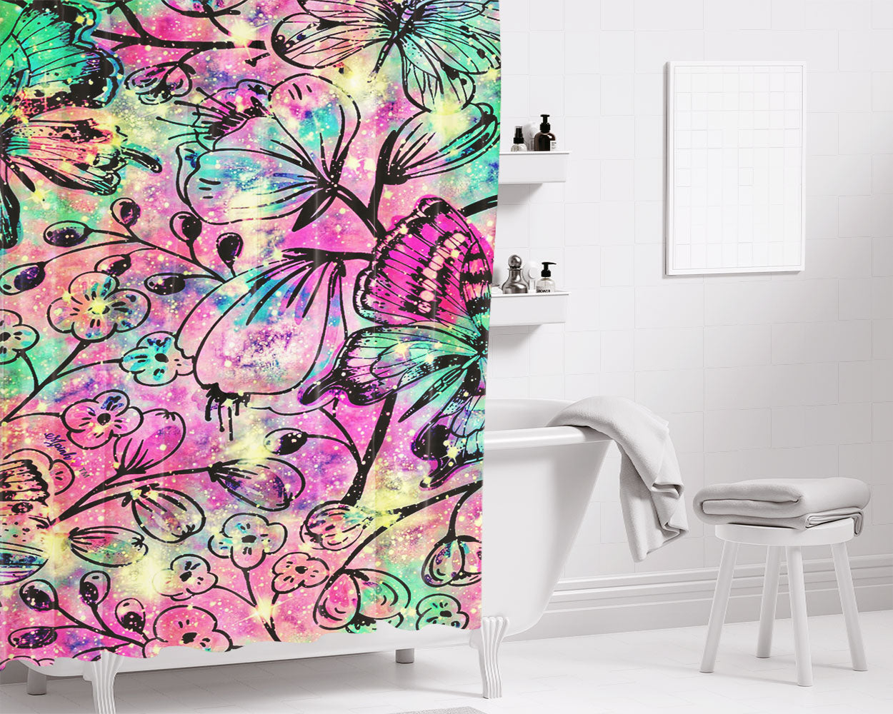 Floral Galaxy Wallpaper August Bathroom Shower Curtain Fabric Waterproof | 66 X 72 Inch