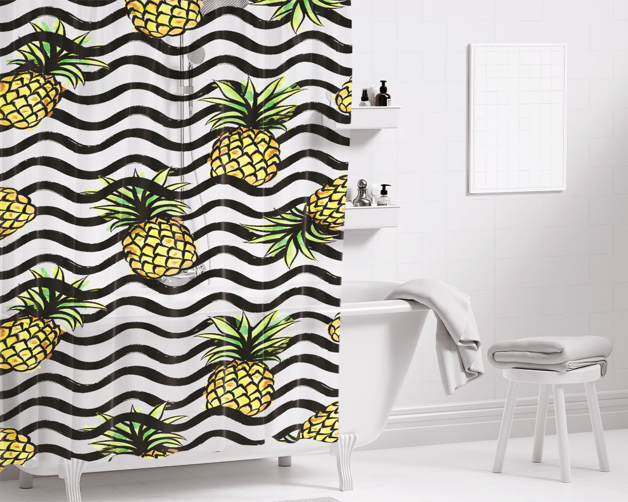 Fruit Wave With Pineapple Pattern Bathroom Shower Curtain Fabric Waterproof | 66 X 72 Inch