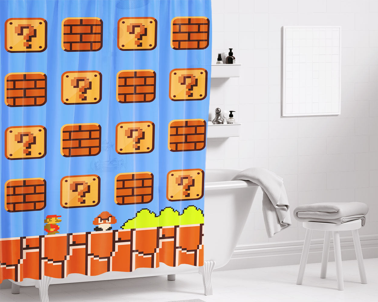 Game Mario Bross Bathroom Shower Curtain Fabric Waterproof | 66 X 72 Inch