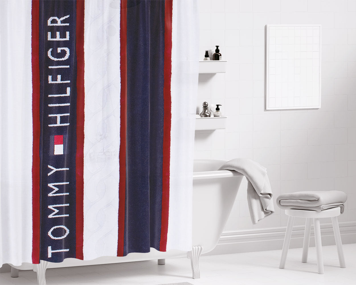 Tommy Hilfiger Denim Logo Bathroom Shower Curtain Fabric Waterproof | 66 X 72 Inch
