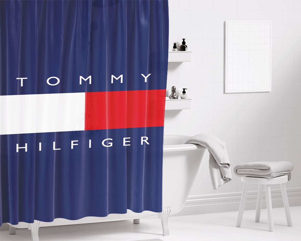 Tommy Hilfiger Marble Logo Bathroom Shower Curtain Fabric Waterproof | 66 X 72 Inch