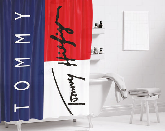 Tommy Hilfiger Shelby Logo Signature Bathroom Shower Curtain Fabric Waterproof | 66 X 72 Inch