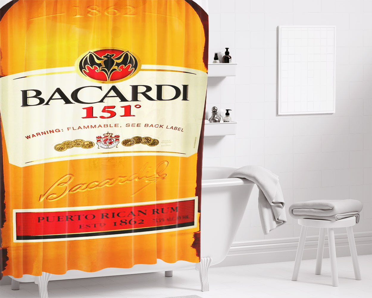 Bacardi 151 Rumm Beer Bottle Bathroom Shower Curtain Fabric Waterproof | 66 X 72 Inch