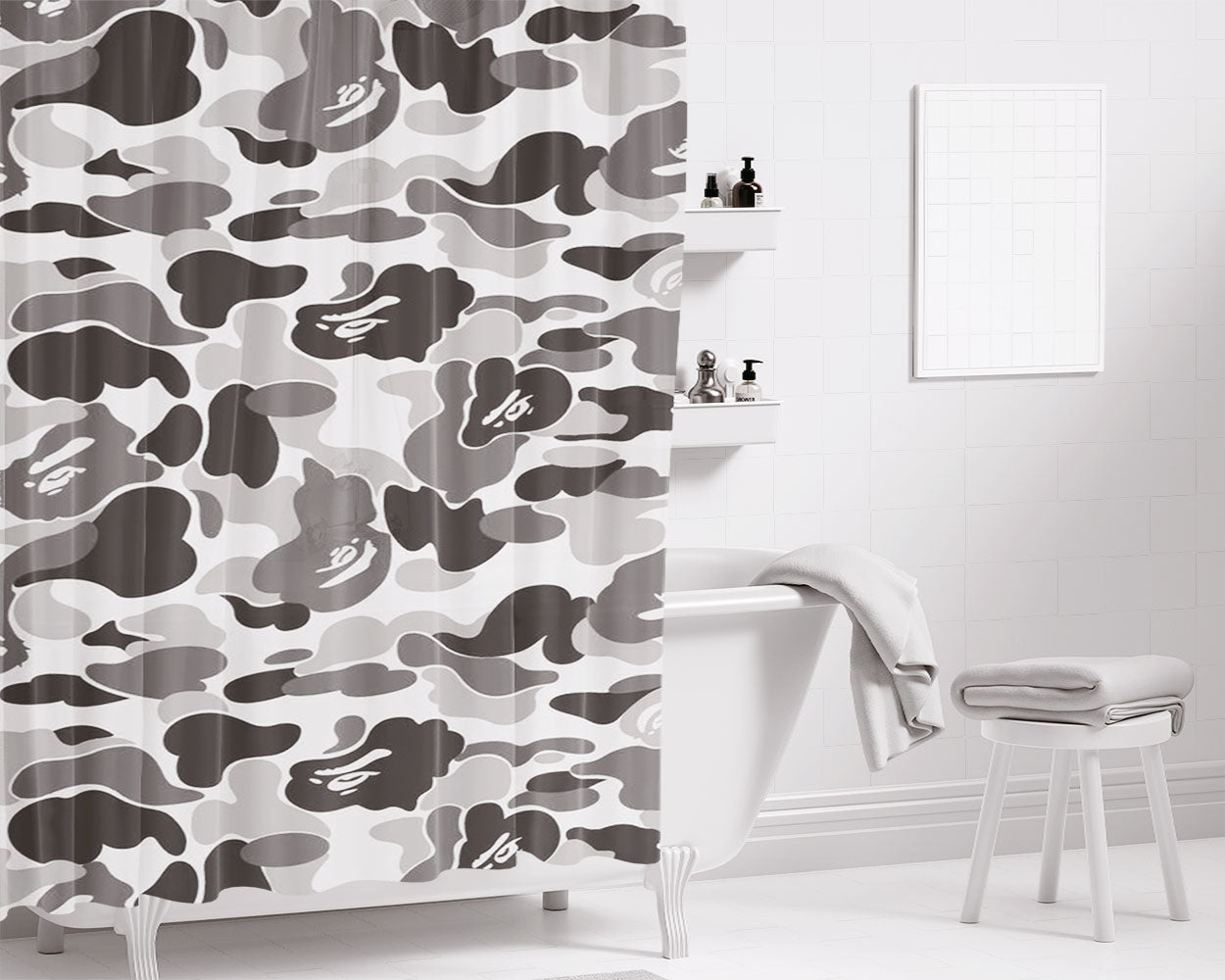 Bape Camo Grey Bathroom Shower Curtain Fabric Waterproof | 66 X 72 Inch