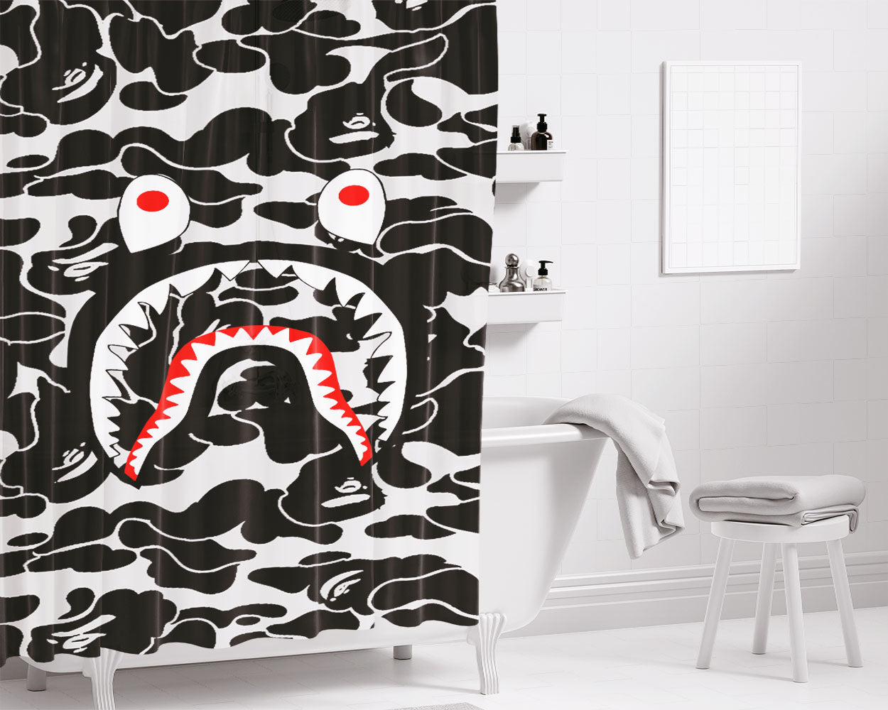 Bape Camo Shark Black Bathroom Shower Curtain Fabric Waterproof | 66 X 72 Inch