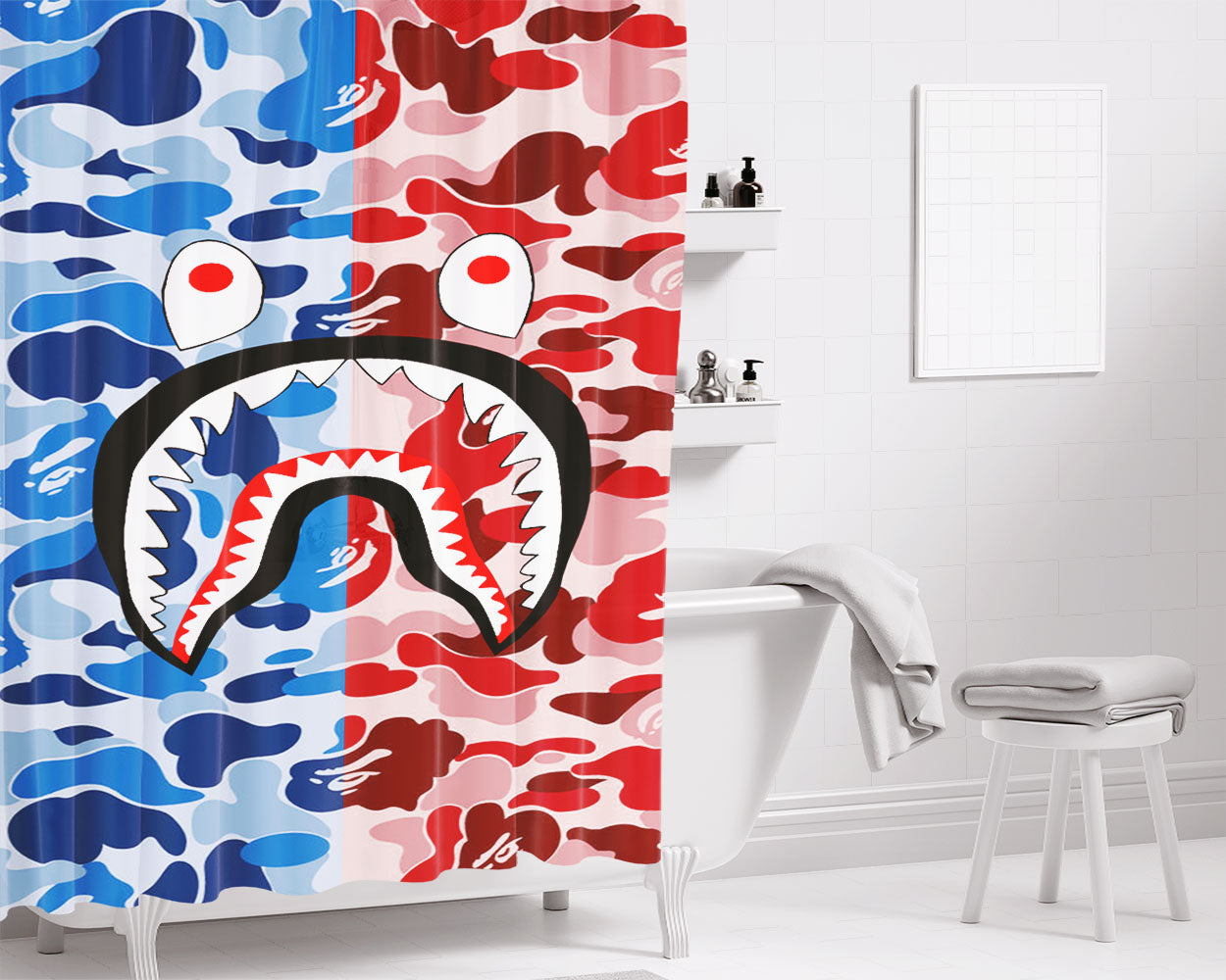 Bape Camo Shark Blue Red Bathroom Shower Curtain Fabric Waterproof | 66 X 72 Inch