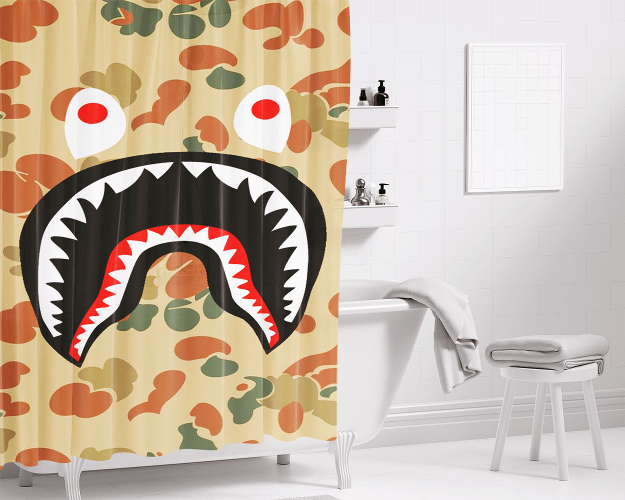 Bape Camo Shark Face Brown Bathroom Shower Curtain Fabric Waterproof | 66 X 72 Inch