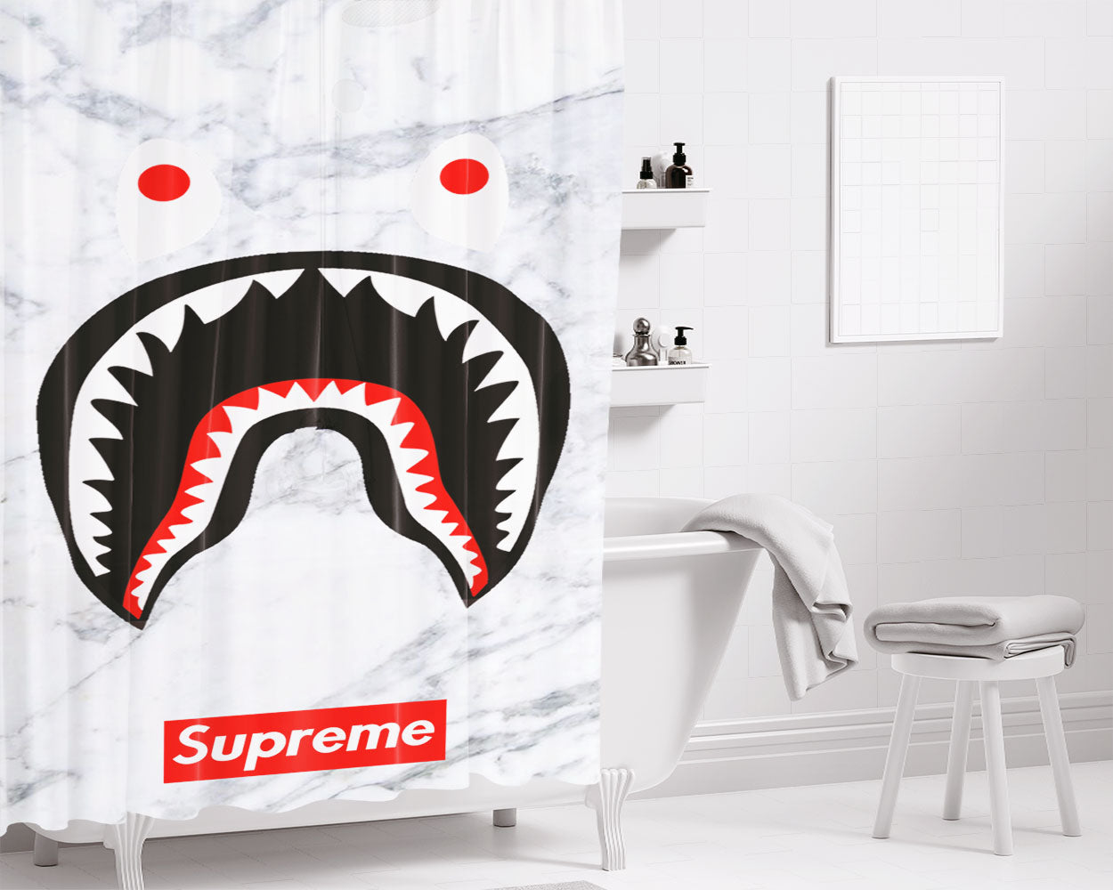 Bape Camo Shark Face Marble Bathroom Shower Curtain Fabric Waterproof | 66 X 72 Inch