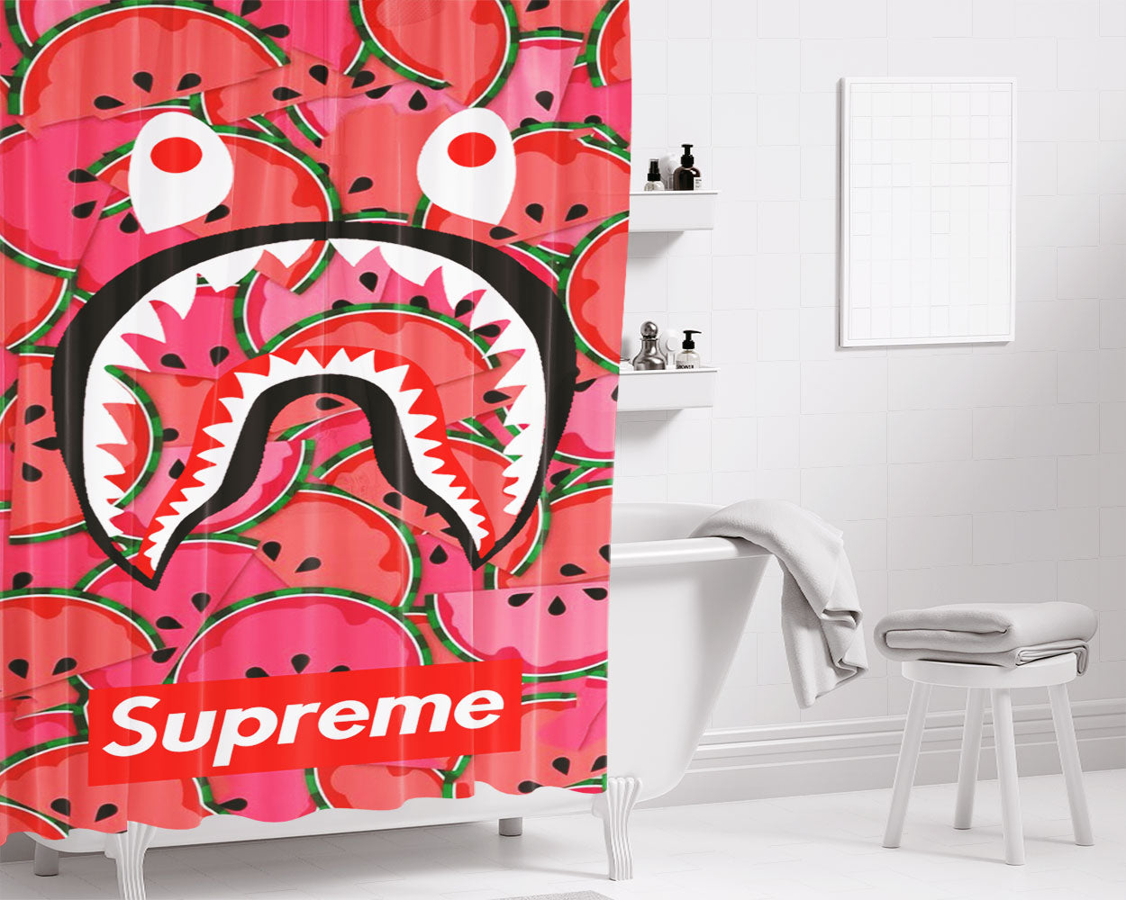 Bape Camo Shark Face Wattermellon Bathroom Shower Curtain Fabric Waterproof | 66 X 72 Inch