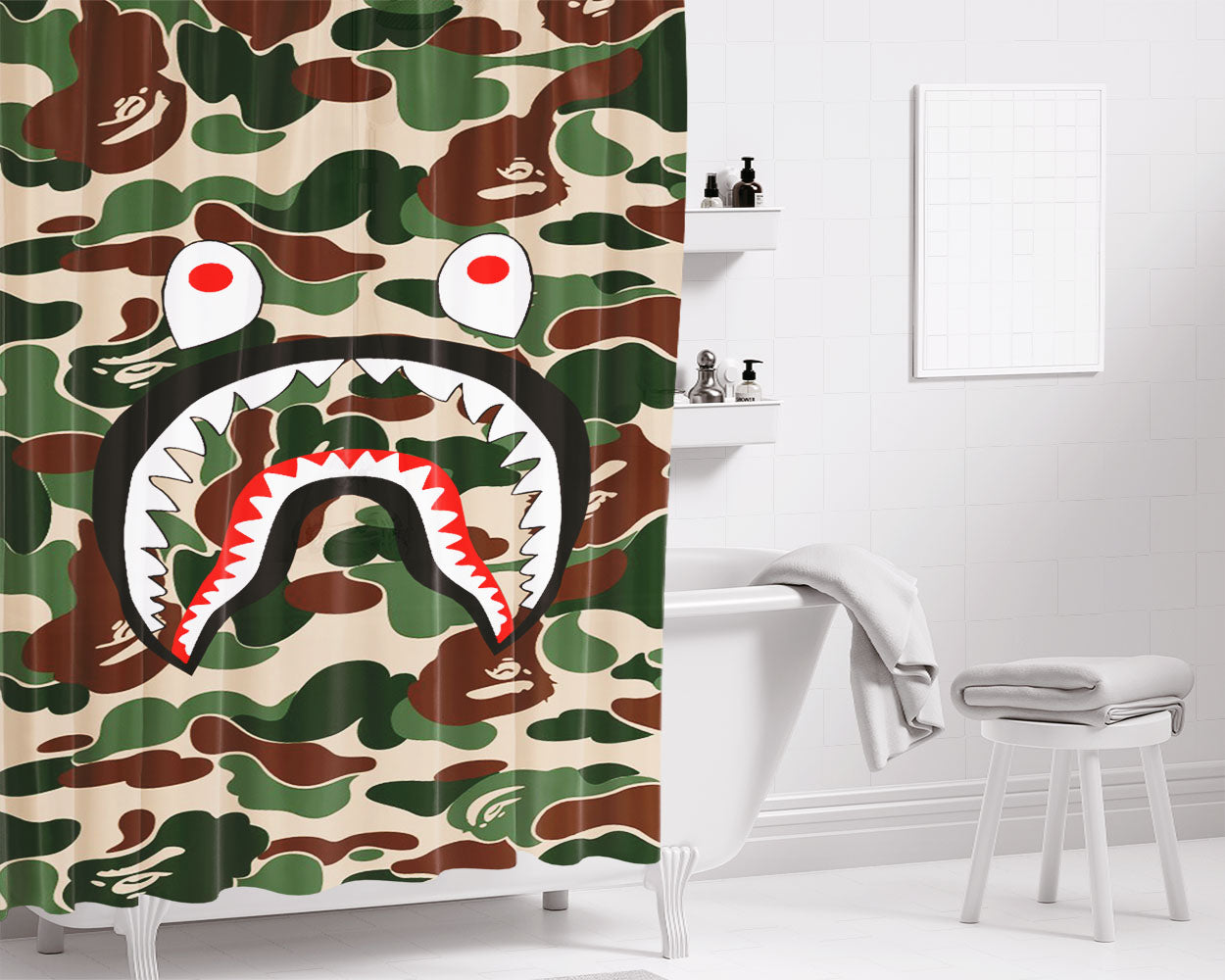 Bape Camo Shark Green Bathroom Shower Curtain Fabric Waterproof | 66 X 72 Inch