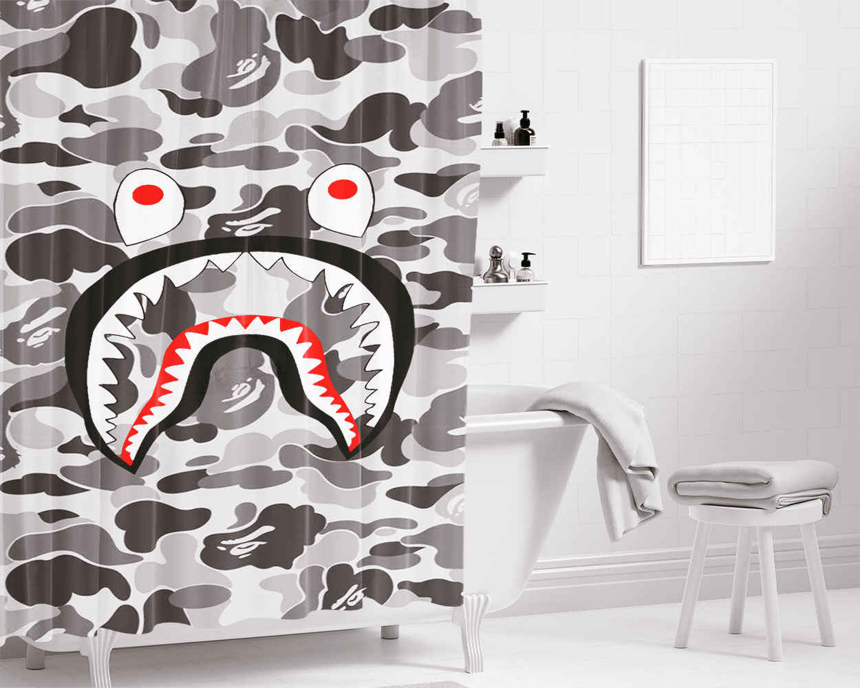 Bape Camo Shark Grey Bathroom Shower Curtain Fabric Waterproof | 66 X 72 Inch