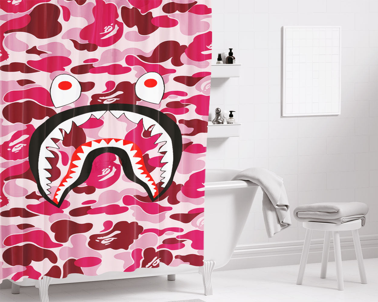 Bape Camo Shark Pink Bathroom Shower Curtain Fabric Waterproof | 66 X 72 Inch