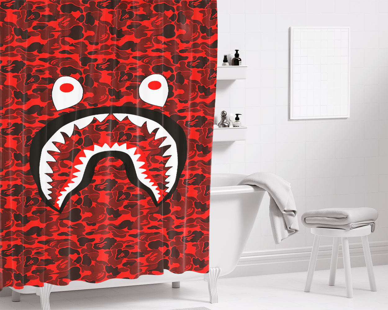 Bape Camo Shark Red Bathroom Shower Curtain Fabric Waterproof | 66 X 72 Inch
