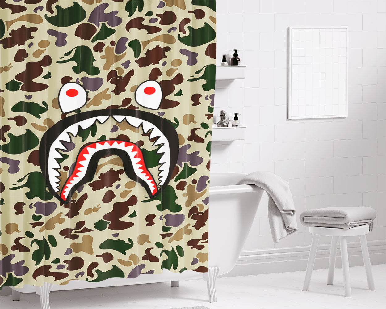 Bape Camo Shark Bathroom Shower Curtain Fabric Waterproof | 66 X 72 Inch
