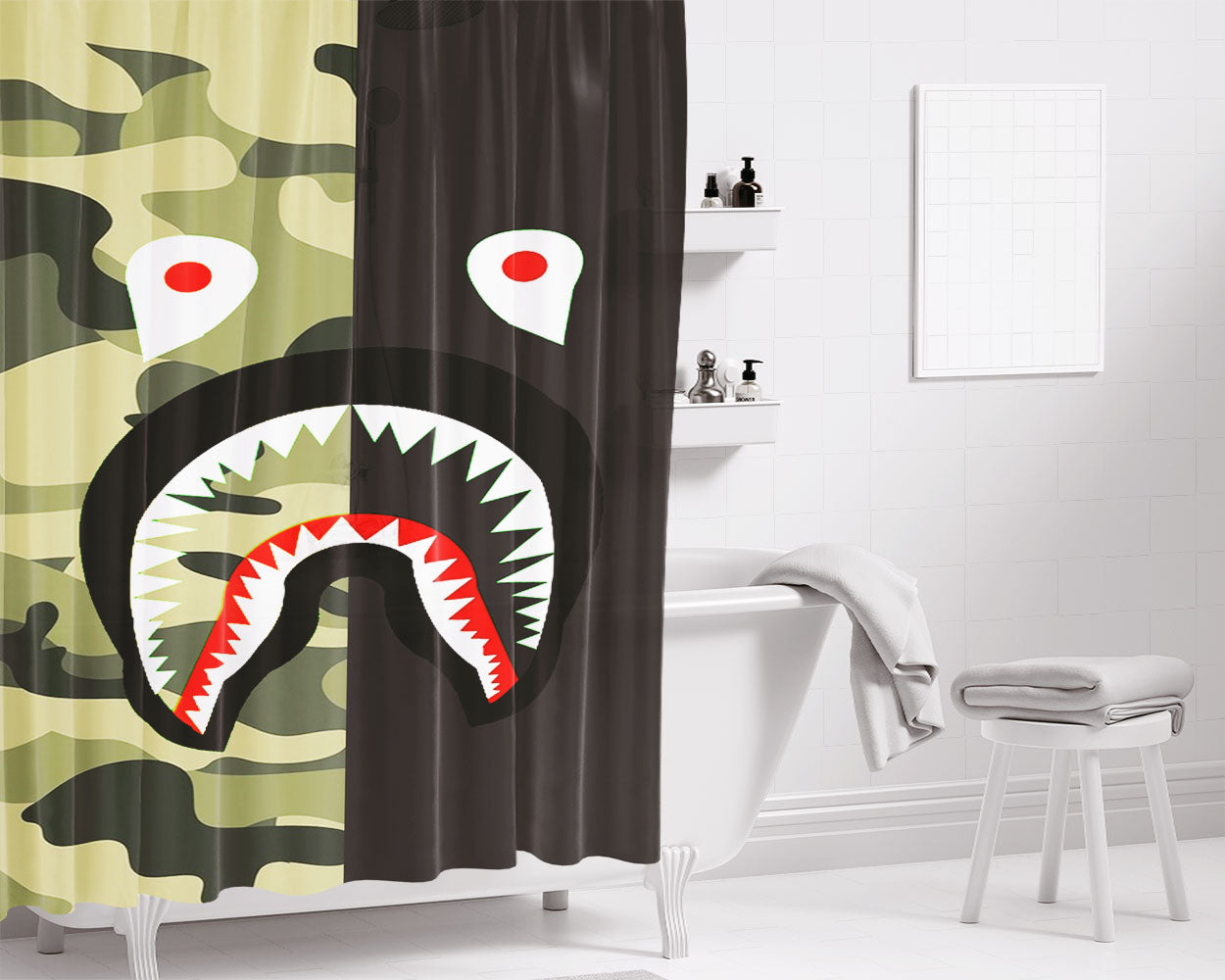 Bape Shark Half Green Camo Bathroom Shower Curtain Fabric Waterproof | 66 X 72 Inch