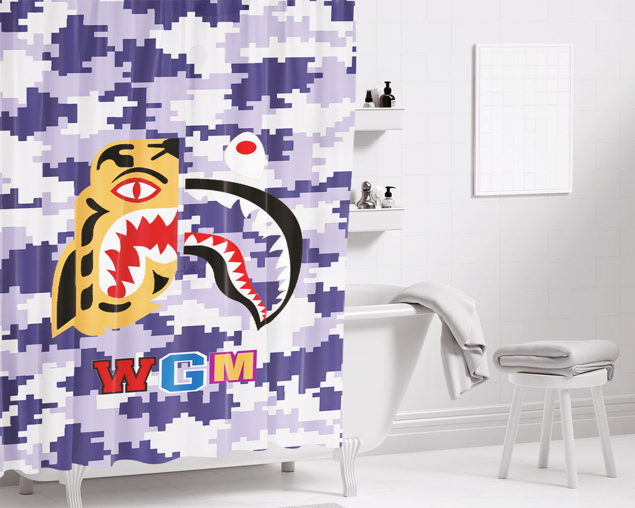 Bape Tiger Shark Blue Purple 8 Bit Bathroom Shower Curtain Fabric Waterproof | 66 X 72 Inch