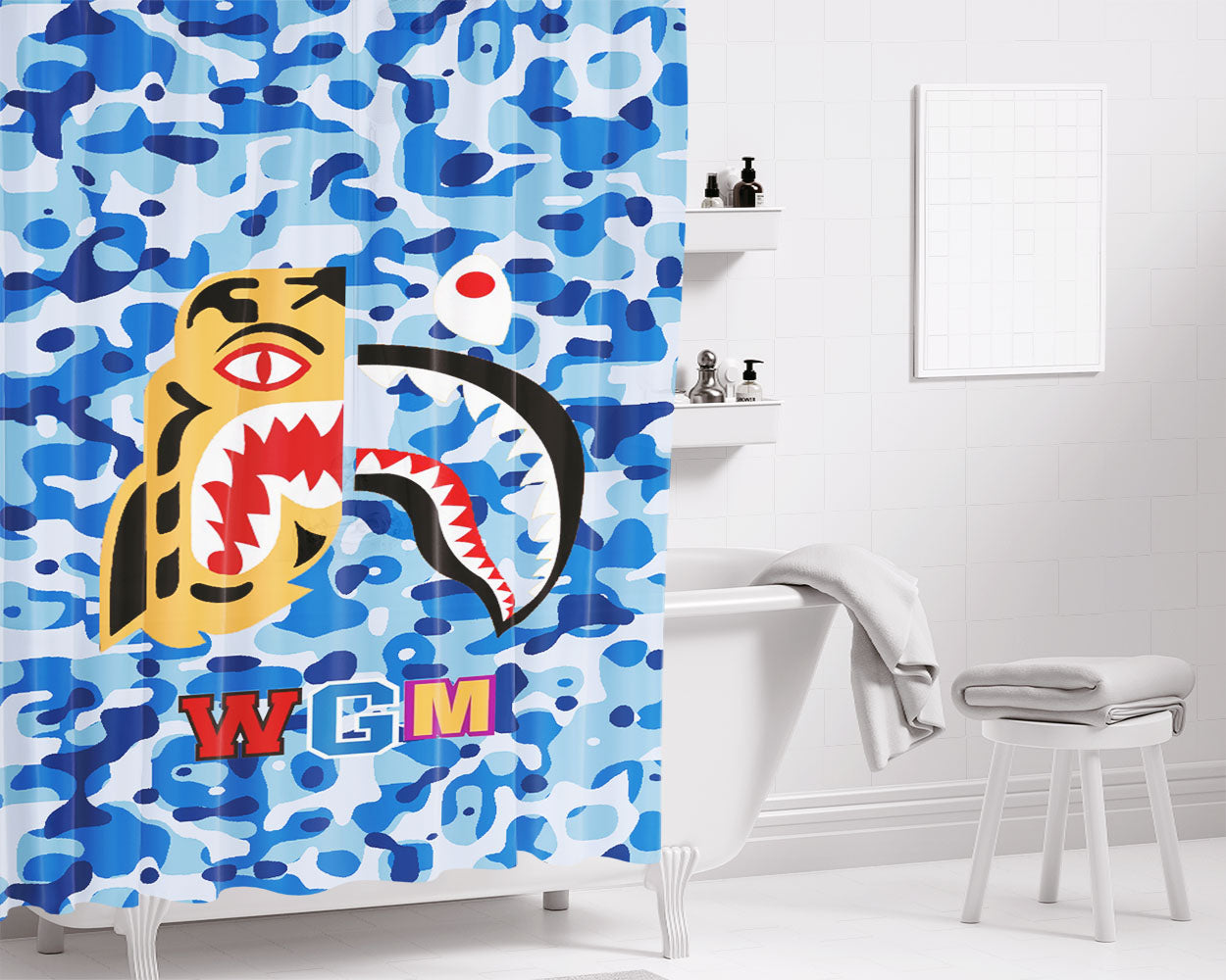 Bape Tiger Shark Blue Bathroom Shower Curtain Fabric Waterproof | 66 X 72 Inch