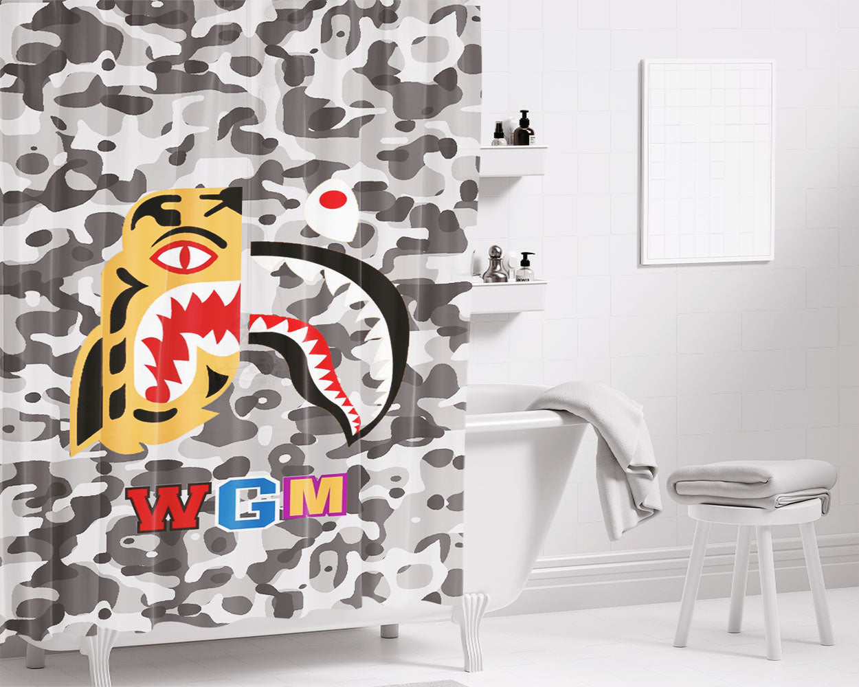 Bape Tiger Shark Grey Bathroom Shower Curtain Fabric Waterproof | 66 X 72 Inch