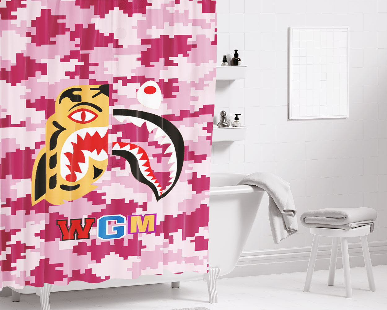 Bape Tiger Shark Pink 8 Bit Bathroom Shower Curtain Fabric Waterproof | 66 X 72 Inch