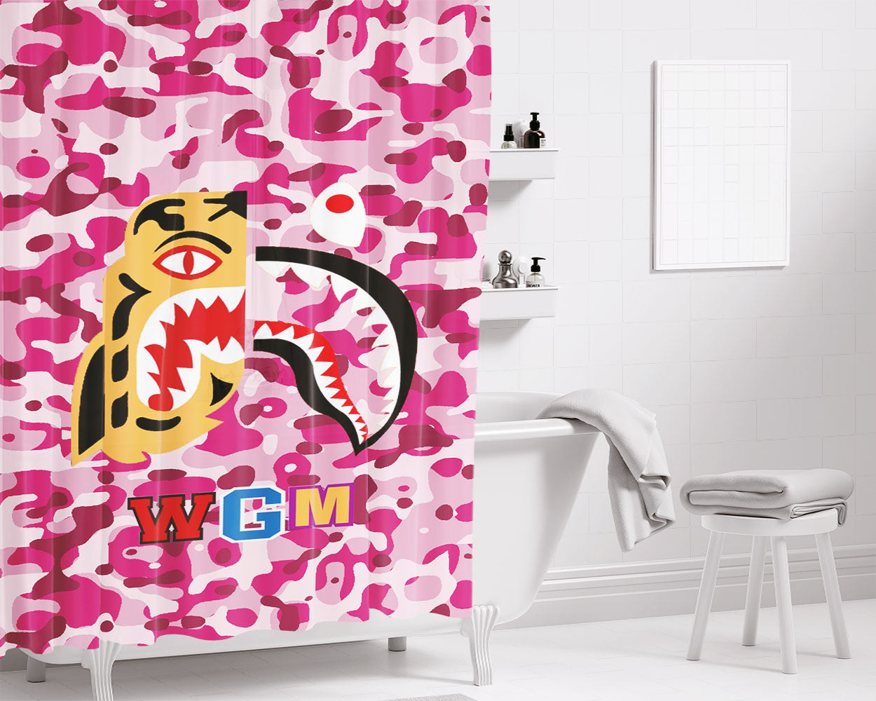 Bape Tiger Shark Pink Bathroom Shower Curtain Fabric Waterproof | 66 X 72 Inch