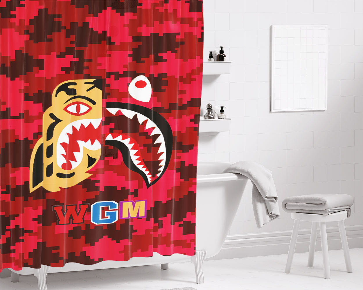 Bape Tiger Shark Red 8 Bit Bathroom Shower Curtain Fabric Waterproof | 66 X 72 Inch