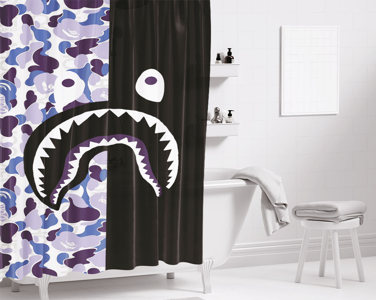 Bape Wallpaper Hoodie Blue Bathroom Shower Curtain Fabric Waterproof | 66 X 72 Inch