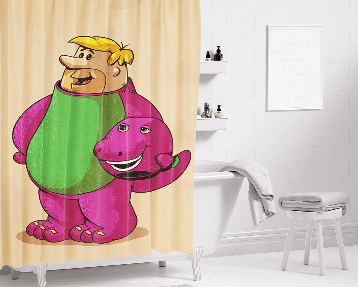 Barney Dino X Flintstones Bathroom Shower Curtain Fabric Waterproof | 66 X 72 Inch