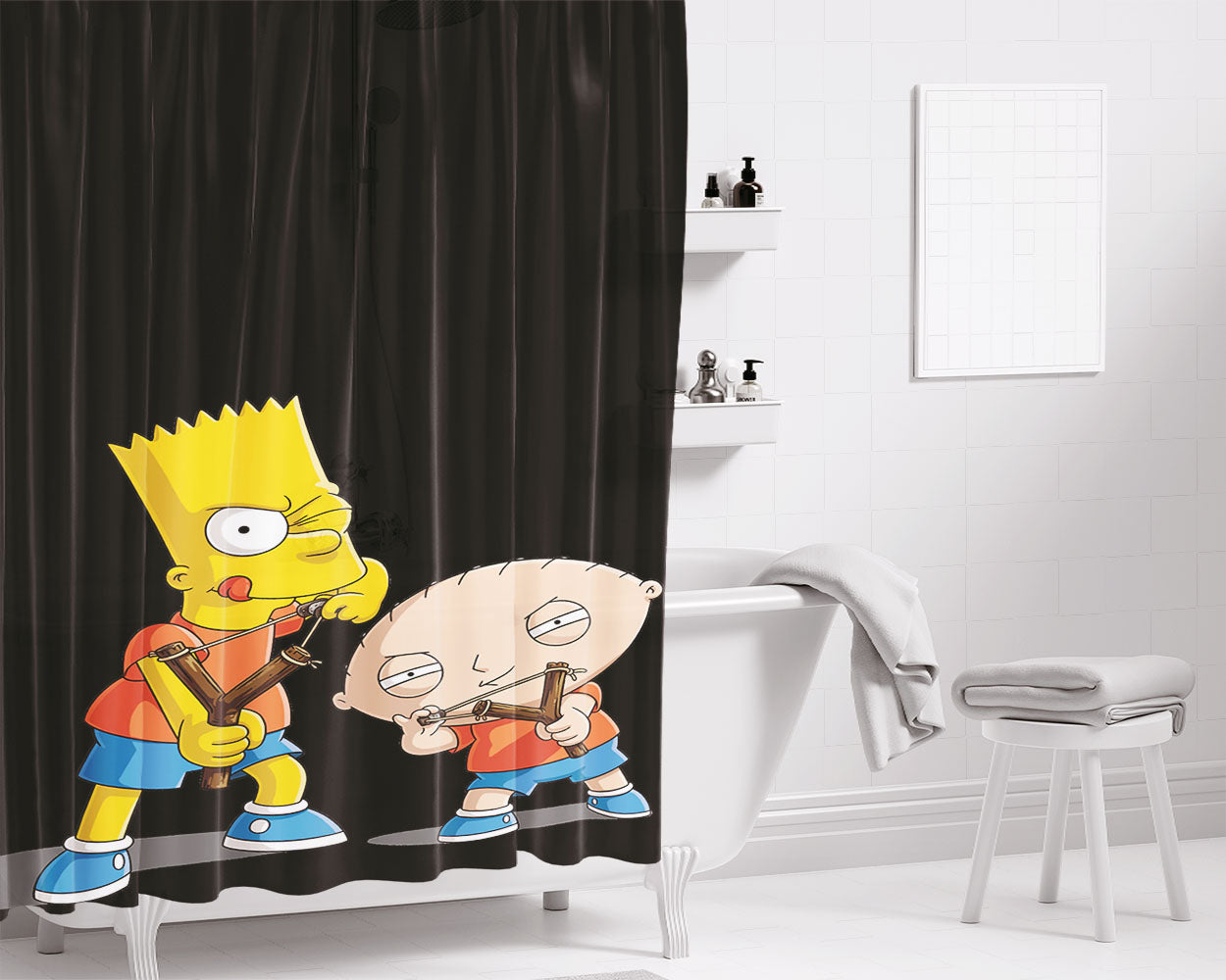 Bart And Stewie Slingshot Bathroom Shower Curtain Fabric Waterproof | 66 X 72 Inch