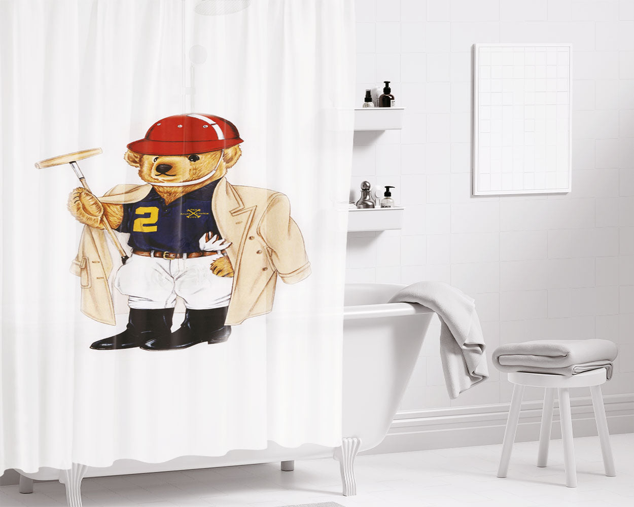 Baseball Ralp Polo Bear Bathroom Shower Curtain Fabric Waterproof | 66 X 72 Inch