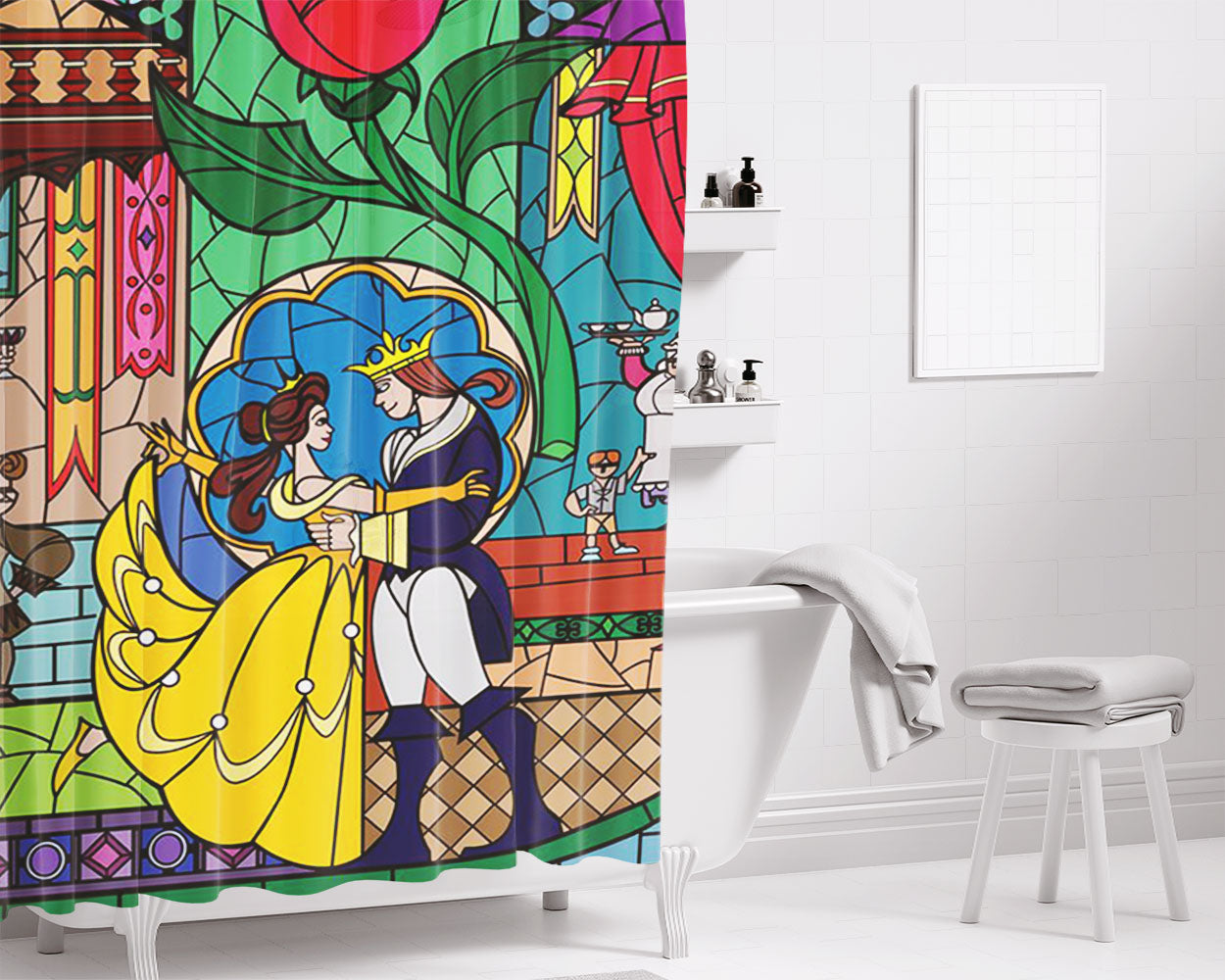 Belle Beaststainedglass Bathroom Shower Curtain Fabric Waterproof | 66 X 72 Inch