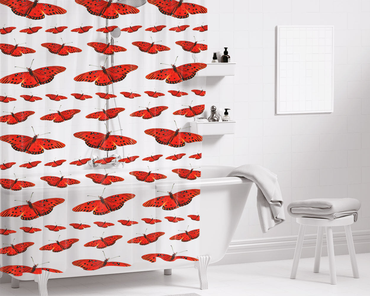 Best Red Butterfly Pattern Bathroom Shower Curtain Fabric Waterproof | 66 X 72 Inch