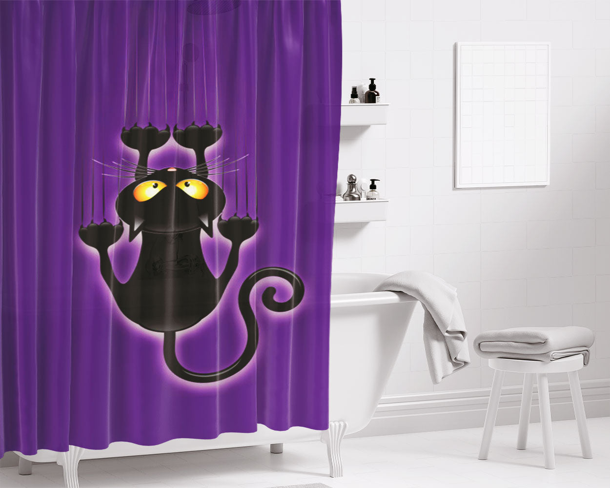 Black Halloween Cat Bathroom Shower Curtain Fabric Waterproof | 66 X 72 Inch