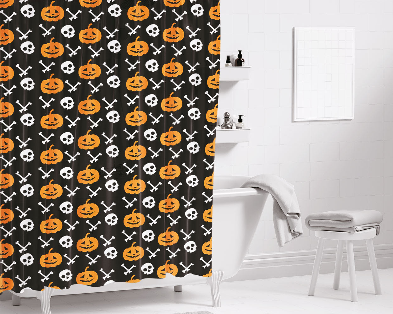 Black Pattern Pumpkins Bone And Head Skeleton Halloween Prints Bathroom Shower Curtain Fabric Waterproof | 66 X 72 Inch