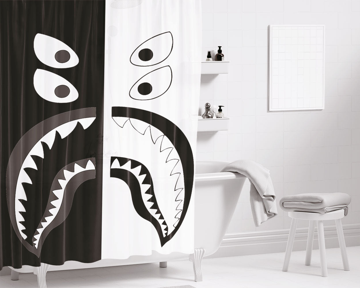 Black White Bape Shark Bathroom Shower Curtain Fabric Waterproof | 66 X 72 Inch