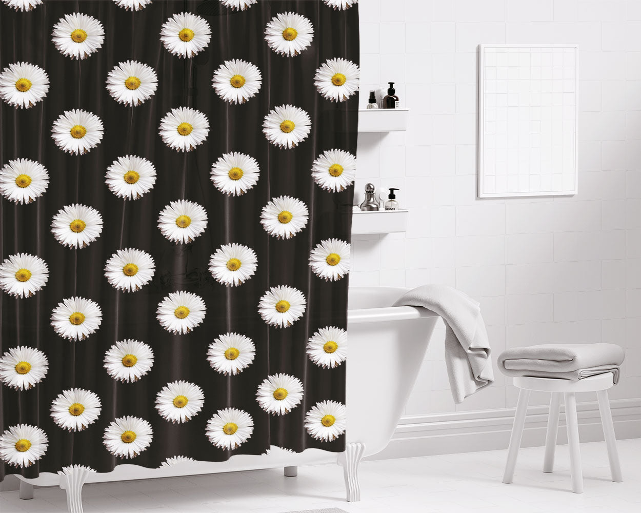 Black White Daisy Flower Pattern Art Bathroom Shower Curtain Fabric Waterproof | 66 X 72 Inch