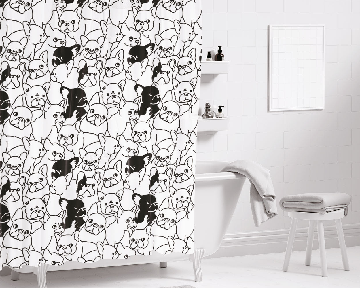 Black White French Bulld Bathroom Shower Curtain Fabric Waterproof | 66 X 72 Inch