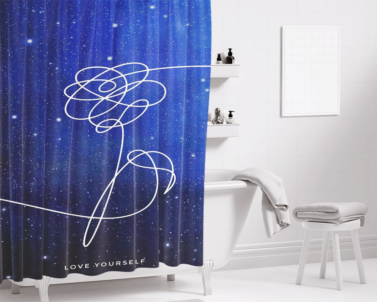 Blue Galaxy Love Your Bathroom Shower Curtain Fabric Waterproof | 66 X 72 Inch