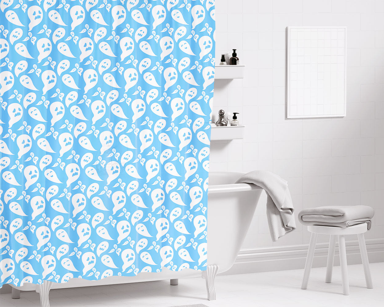Blue Ghosts Pattern Halloween Art Prints Bathroom Shower Curtain Fabric Waterproof | 66 X 72 Inch