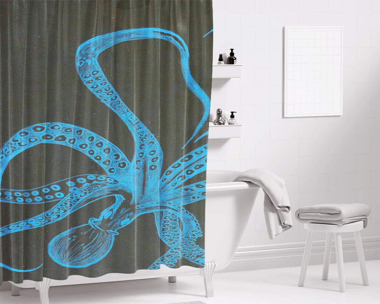 Blue Kraken Art Bathroom Shower Curtain Fabric Waterproof | 66 X 72 Inch