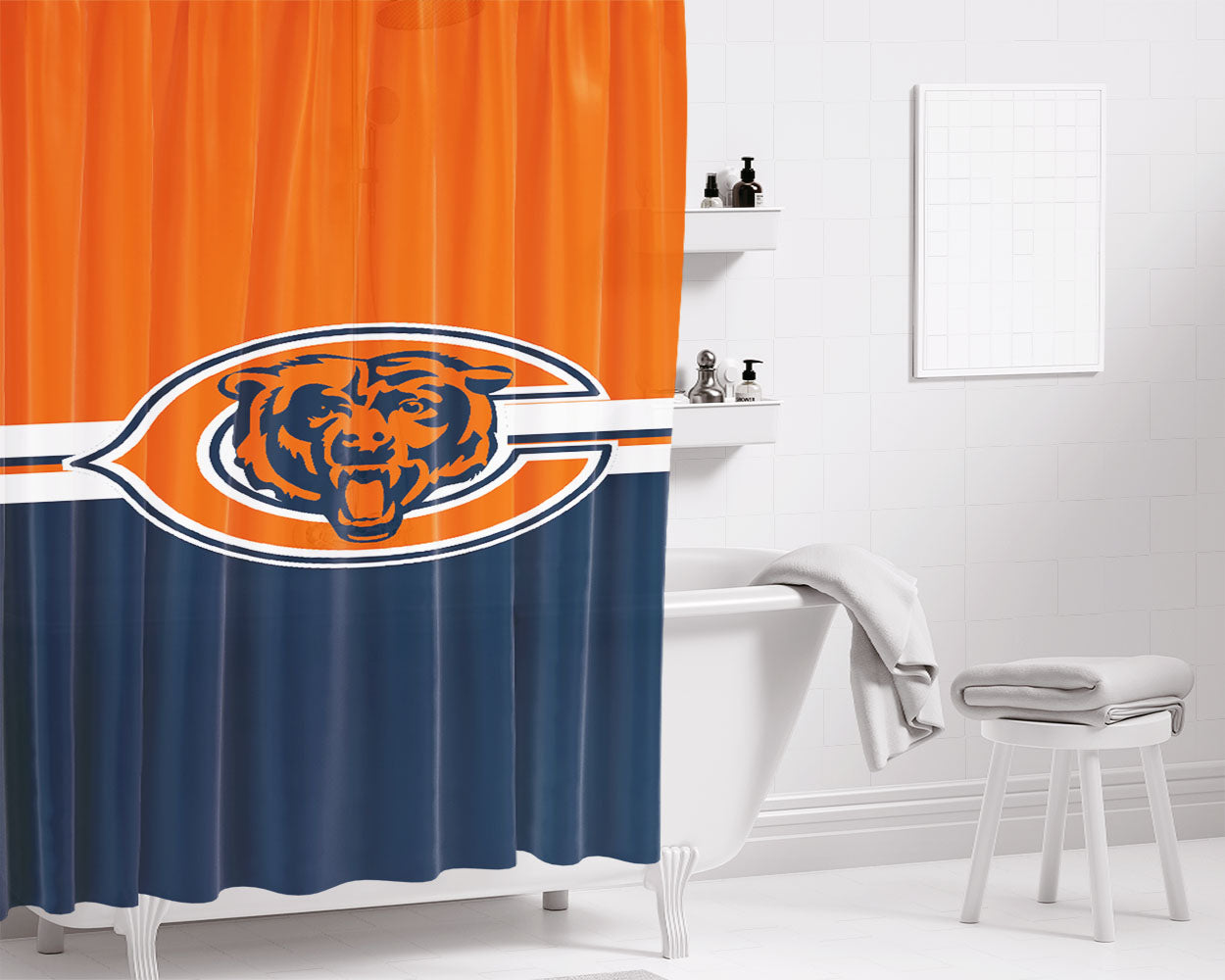 Blue Orange Chicago Bears Wallpaper Bathroom Shower Curtain Fabric Waterproof | 66 X 72 Inch
