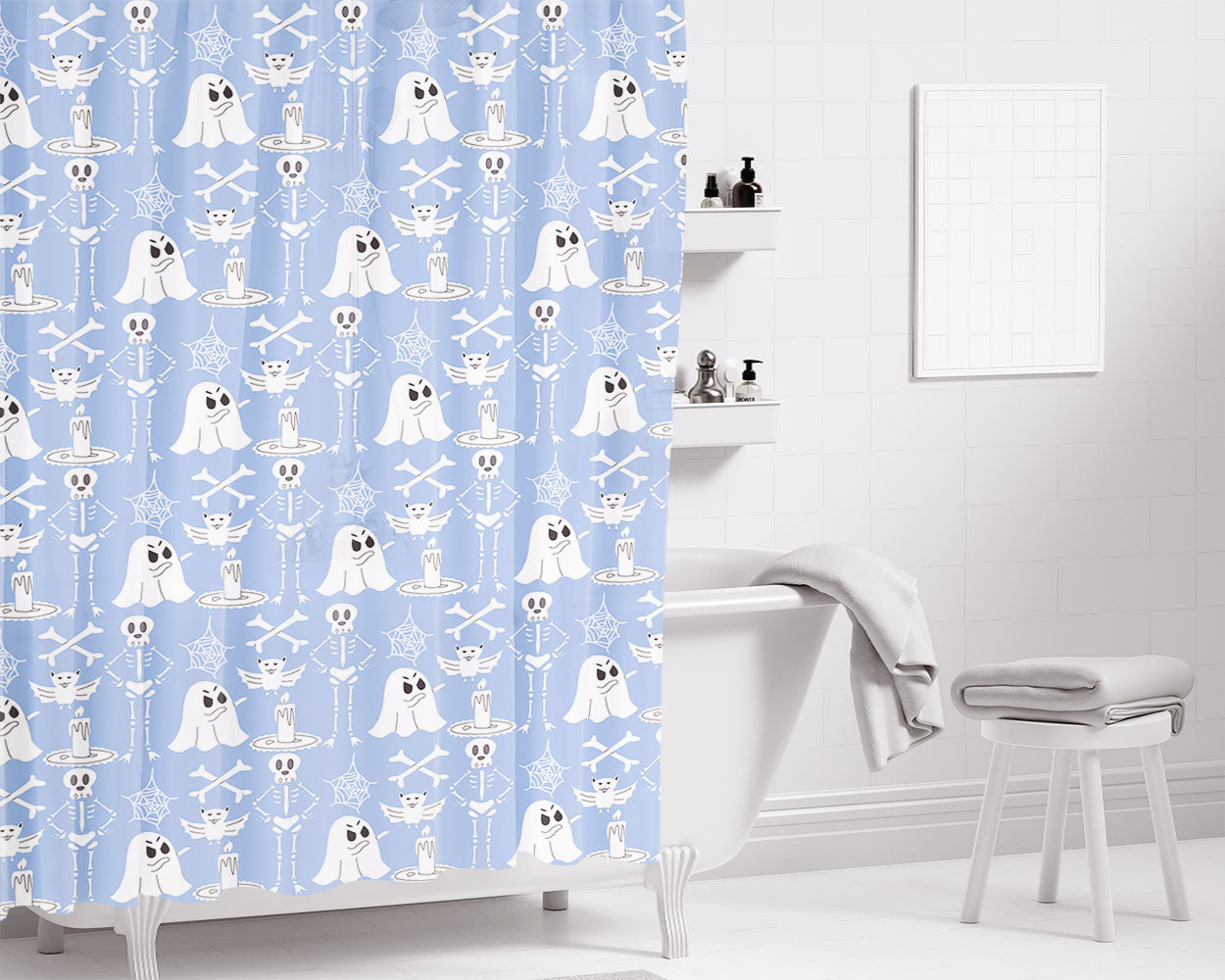 Blue Pattern Halloween Ghost Skeleton Art Prints Bathroom Shower Curtain Fabric Waterproof | 66 X 72 Inch