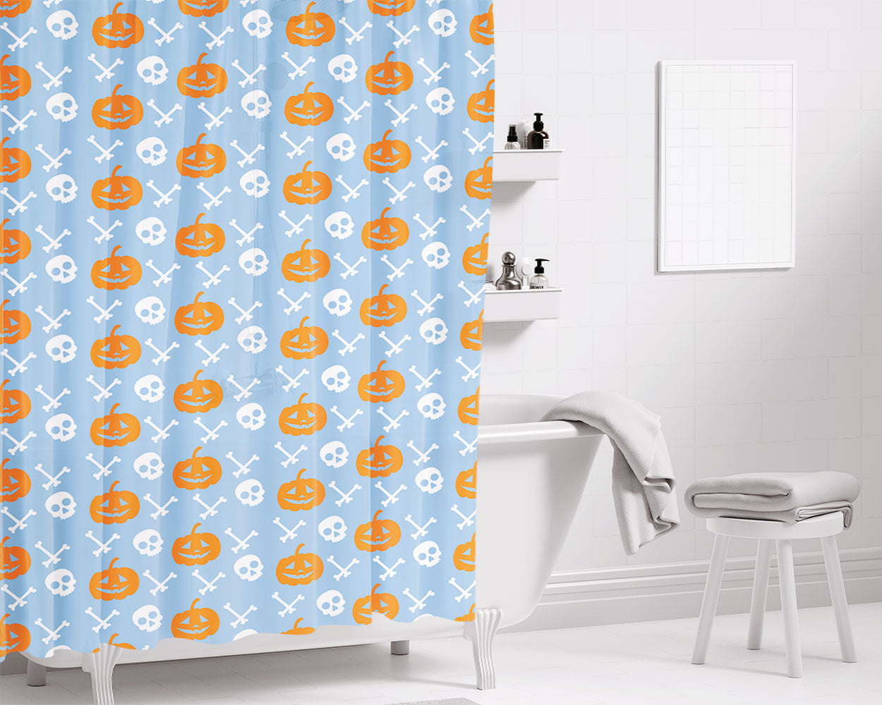 Blue Pattern Pumpkins Bone And Head Skeleton Halloween Prints Bathroom Shower Curtain Fabric Waterproof | 66 X 72 Inch