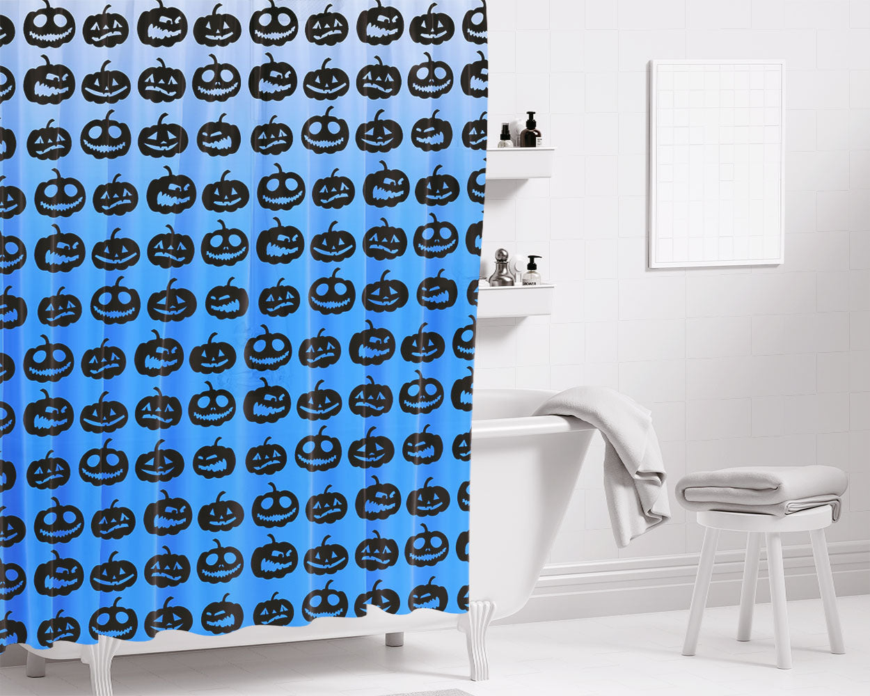 Blue Pumpkins Pattern Silhouette Collections Art Prints Bathroom Shower Curtain Fabric Waterproof | 66 X 72 Inch